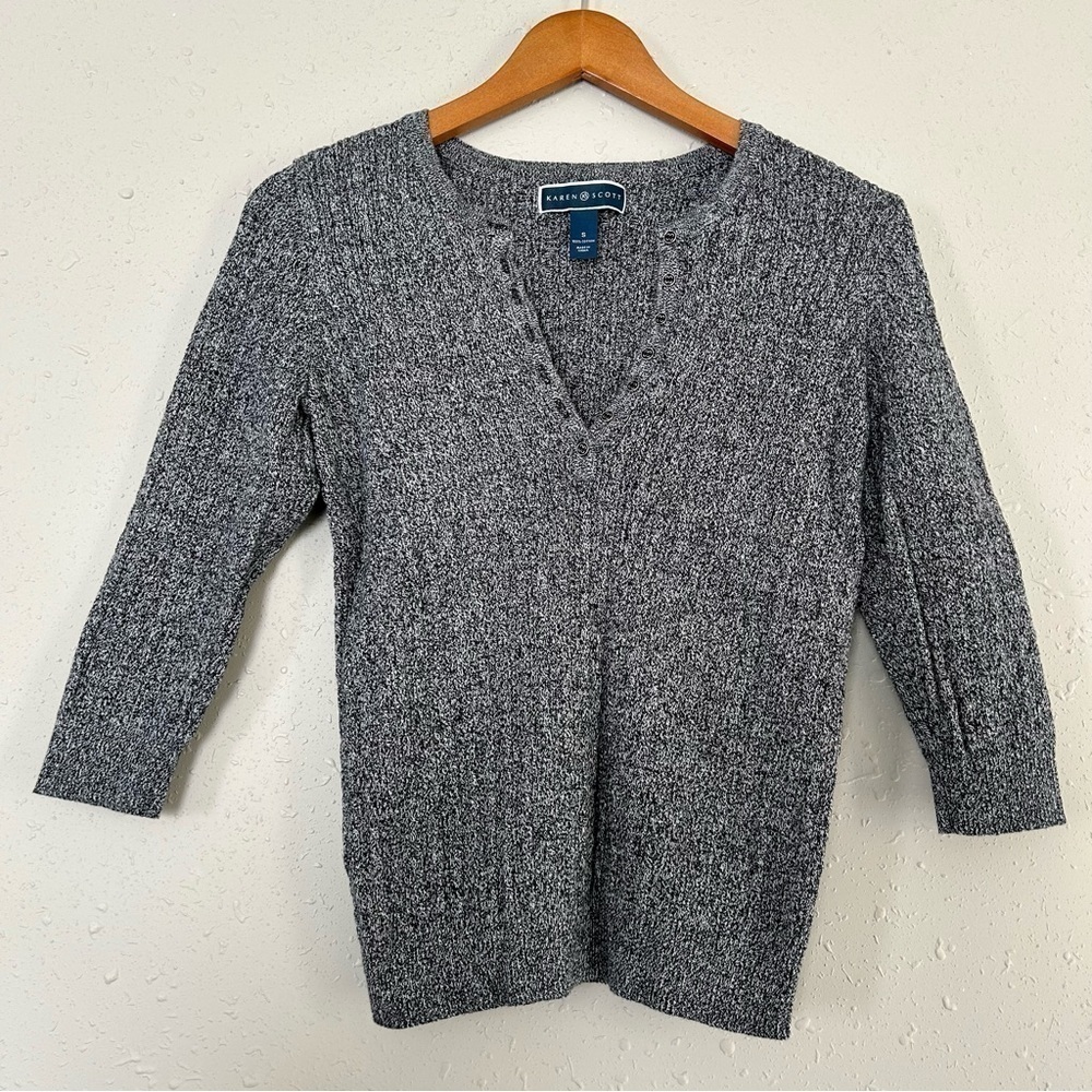 🦋 Karen Scott Grey Mid Sleeve V-Neck Sweater Top Small